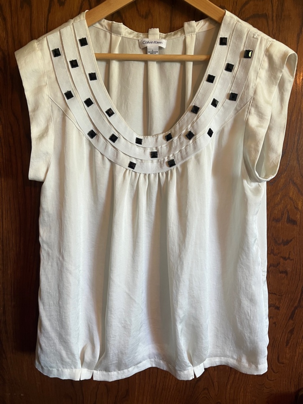 Calvin Klein Ivory Scoop Neck Blouse with Black Square Embellishments